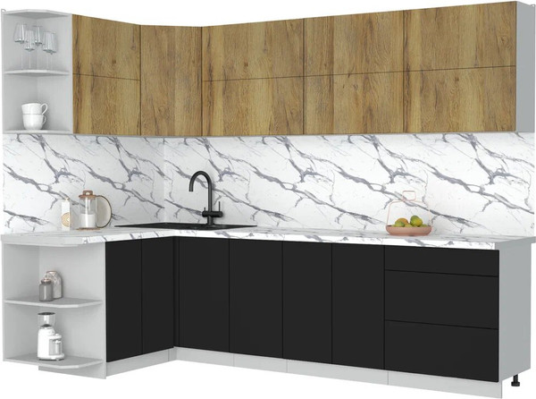 Изображение товара Кухонный гарнитур Интерлиния Мила Матте 1.5x2.8 А (дуб вотан/черный/белый гранит)