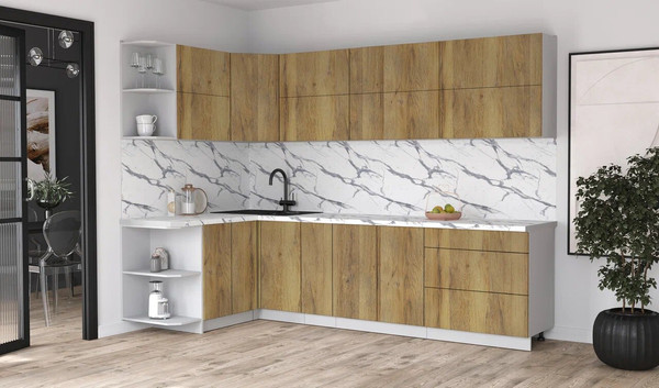 Изображение товара Кухонный гарнитур Интерлиния Мила Матте 1.5x2.9 А (дуб вотан/дуб вотан/белый гранит)