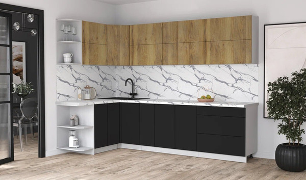 Изображение товара Кухонный гарнитур Интерлиния Мила Матте 1.5x2.9 А (дуб вотан/черный/белый гранит)