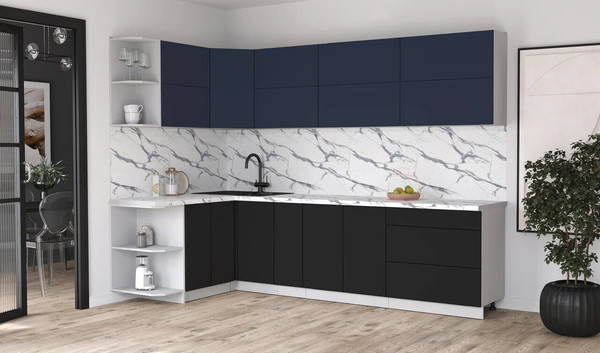 Изображение товара Кухонный гарнитур Интерлиния Мила Матте 1.5x2.9 А (индиго/черный/белый гранит)