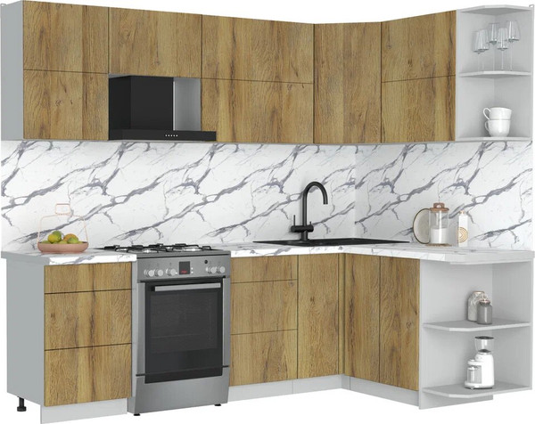 Изображение товара Кухонный гарнитур Интерлиния Мила Матте 1.5x2.5 Б (дуб вотан/дуб вотан/белый гранит)