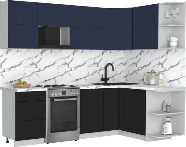 Изображение товара Кухонный гарнитур Интерлиния Мила Матте 1.5x2.5 Б (индиго/черный/белый гранит)