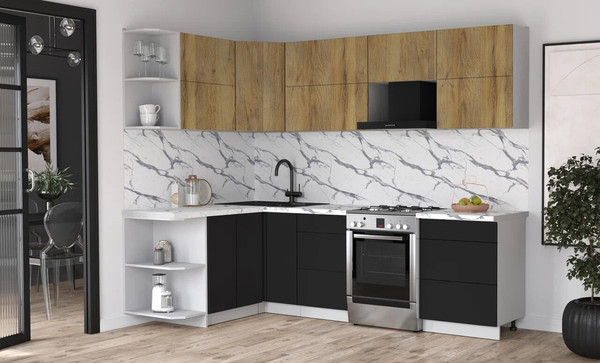 Изображение товара Кухонный гарнитур Интерлиния Мила Матте 1.5x2.6 Б (дуб вотан/черный/белый гранит)