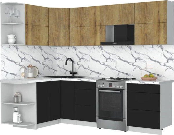 Изображение товара Кухонный гарнитур Интерлиния Мила Матте 1.5x2.6 Б (дуб вотан/черный/белый гранит)
