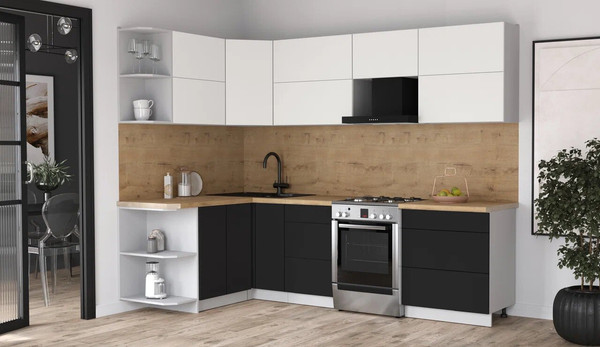 Изображение товара Кухонный гарнитур Интерлиния Мила Матте 1.5x2.7 Б (белый/черный/дуб бунратти)