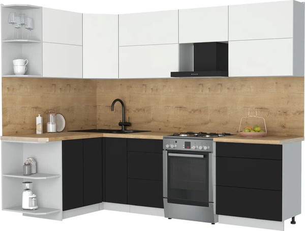 Изображение товара Кухонный гарнитур Интерлиния Мила Матте 1.5x2.7 Б (белый/черный/дуб бунратти)