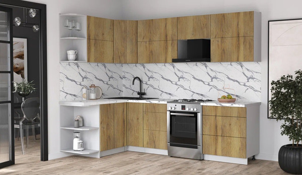 Изображение товара Кухонный гарнитур Интерлиния Мила Матте 1.5x2.7 Б (дуб вотан/дуб вотан/белый гранит)