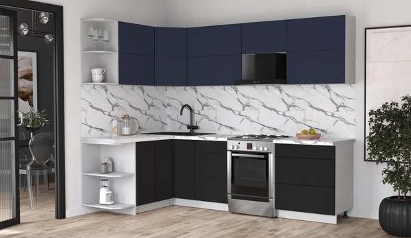 Изображение товара Кухонный гарнитур Интерлиния Мила Матте 1.5x2.7 Б (индиго/черный/белый гранит)