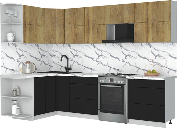 Изображение товара Кухонный гарнитур Интерлиния Мила Матте 1.5x2.9 Б (дуб вотан/черный/белый гранит)