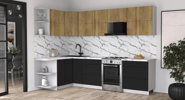 Изображение товара Кухонный гарнитур Интерлиния Мила Матте 1.5x2.9 Б (дуб вотан/черный/белый гранит)
