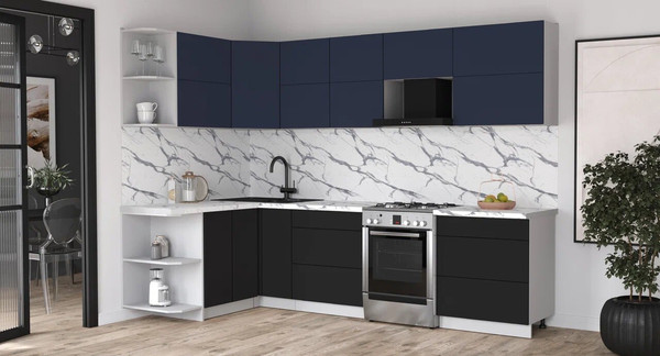 Изображение товара Кухонный гарнитур Интерлиния Мила Матте 1.5x2.9 Б (индиго/черный/белый гранит)