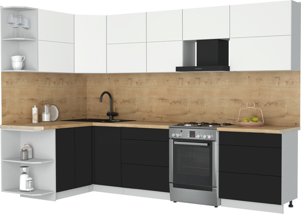 Изображение товара Кухонный гарнитур Интерлиния Мила Матте 1.5x3.0 Б (белый/черный/дуб бунратти)