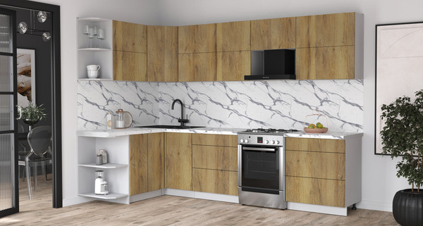 Изображение товара Кухонный гарнитур Интерлиния Мила Матте 1.5x3.0 Б (дуб вотан/дуб вотан/белый гранит)