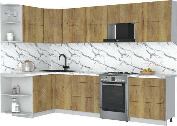 Изображение товара Кухонный гарнитур Интерлиния Мила Матте 1.5x3.0 Б (дуб вотан/дуб вотан/белый гранит)