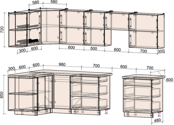 Изображение товара Кухонный гарнитур Интерлиния Мила Матте 1.5x3.0 Б (дуб вотан/черный/белый гранит)