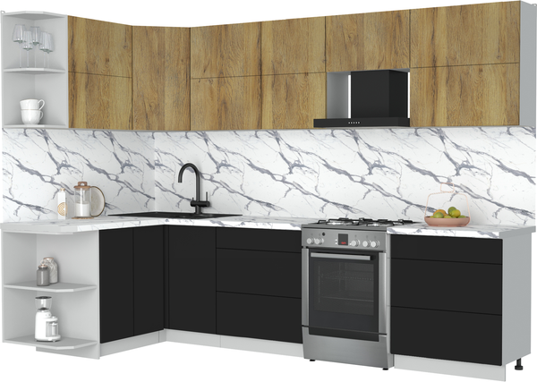Изображение товара Кухонный гарнитур Интерлиния Мила Матте 1.5x3.0 Б (дуб вотан/черный/белый гранит)