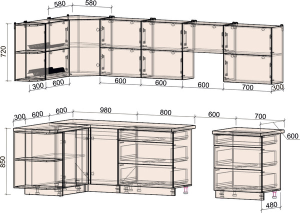 Изображение товара Кухонный гарнитур Интерлиния Мила Матте 1.5x3.1 Б (белый/керамика/опал светлый)