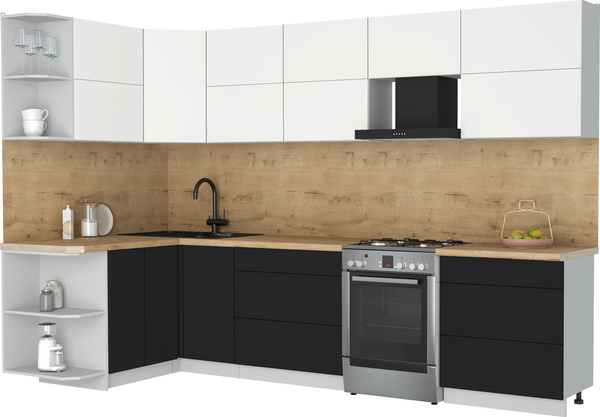 Изображение товара Кухонный гарнитур Интерлиния Мила Матте 1.5x3.1 Б (белый/черный/дуб бунратти)