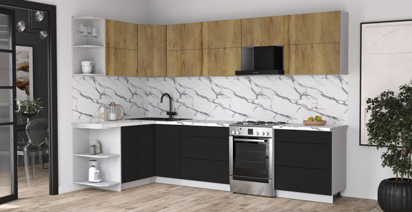 Изображение товара Кухонный гарнитур Интерлиния Мила Матте 1.5x3.1 Б (дуб вотан/черный/белый гранит)
