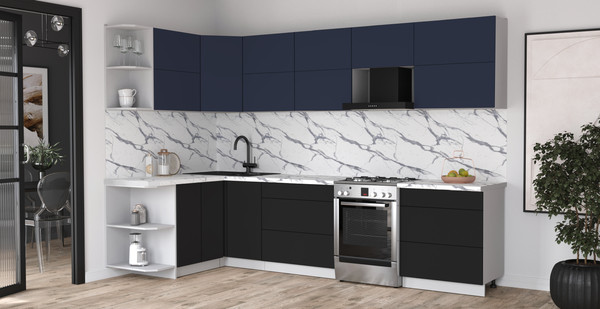 Изображение товара Кухонный гарнитур Интерлиния Мила Матте 1.5x3.1 Б (индиго/черный/белый гранит)