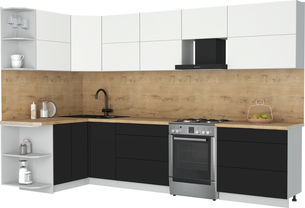 Изображение товара Кухонный гарнитур Интерлиния Мила Матте 1.5x3.2 Б (белый/черный/дуб бунратти)