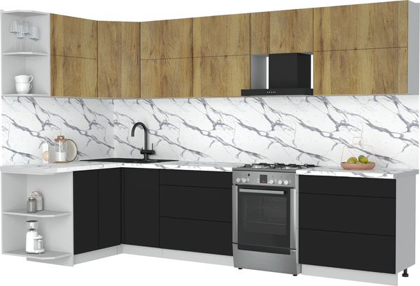 Изображение товара Кухонный гарнитур Интерлиния Мила Матте 1.5x3.2 Б (дуб вотан/черный/белый гранит)