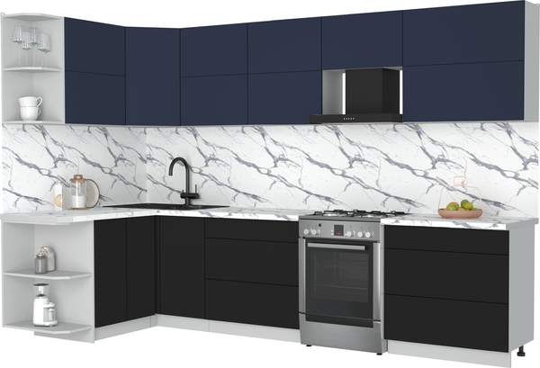 Изображение товара Кухонный гарнитур Интерлиния Мила Матте 1.5x3.2 Б (индиго/черный/белый гранит)