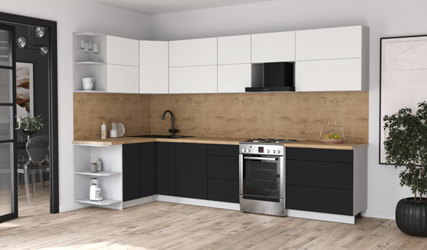 Изображение товара Кухонный гарнитур Интерлиния Мила Матте 1.5x3.3 Б (белый/черный/дуб бунратти)