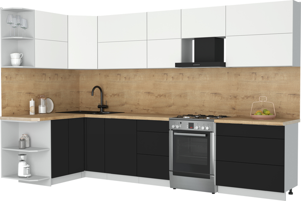 Изображение товара Кухонный гарнитур Интерлиния Мила Матте 1.5x3.3 Б (белый/черный/дуб бунратти)