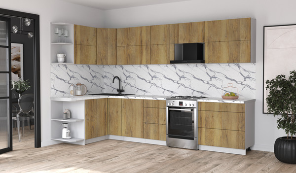 Изображение товара Кухонный гарнитур Интерлиния Мила Матте 1.5x3.3 Б (дуб вотан/дуб вотан/белый гранит)