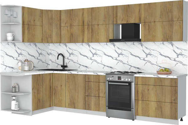 Изображение товара Кухонный гарнитур Интерлиния Мила Матте 1.5x3.3 Б (дуб вотан/дуб вотан/белый гранит)