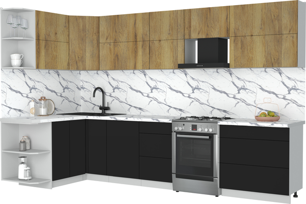 Изображение товара Кухонный гарнитур Интерлиния Мила Матте 1.5x3.3 Б (дуб вотан/черный/белый гранит)