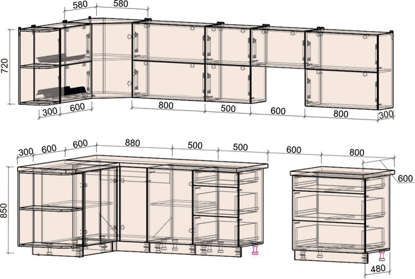 Изображение товара Кухонный гарнитур Интерлиния Мила Матте 1.5x3.3 Б (дуб вотан/черный/белый гранит)