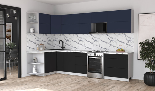 Изображение товара Кухонный гарнитур Интерлиния Мила Матте 1.5x3.3 Б (индиго/черный/белый гранит)