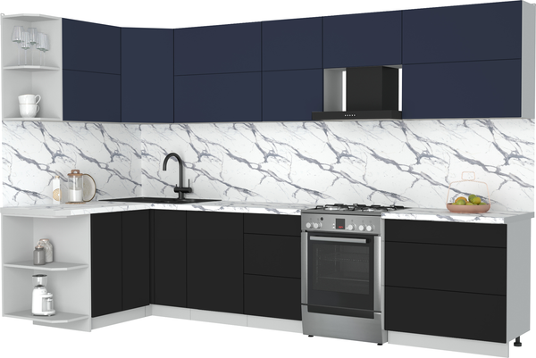 Изображение товара Кухонный гарнитур Интерлиния Мила Матте 1.5x3.3 Б (индиго/черный/белый гранит)