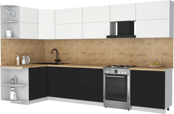 Изображение товара Кухонный гарнитур Интерлиния Мила Матте 1.5x3.4 Б (белый/черный/дуб бунратти)