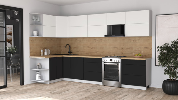 Изображение товара Кухонный гарнитур Интерлиния Мила Матте 1.5x3.4 Б (белый/черный/дуб бунратти)