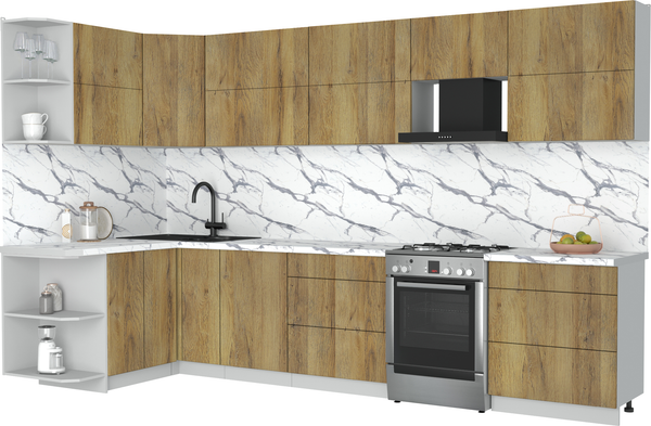 Изображение товара Кухонный гарнитур Интерлиния Мила Матте 1.5x3.4 Б (дуб вотан/дуб вотан/белый гранит)