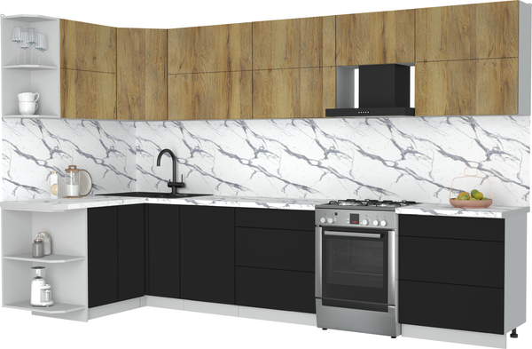 Изображение товара Кухонный гарнитур Интерлиния Мила Матте 1.5x3.4 Б (дуб вотан/черный/белый гранит)