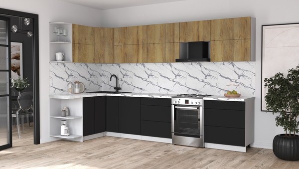 Изображение товара Кухонный гарнитур Интерлиния Мила Матте 1.5x3.4 Б (дуб вотан/черный/белый гранит)