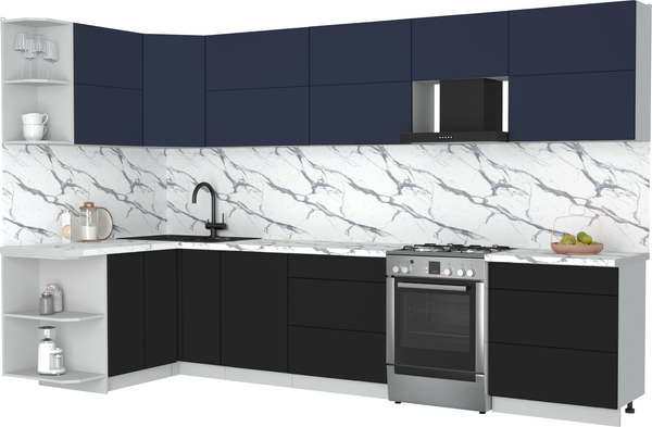 Изображение товара Кухонный гарнитур Интерлиния Мила Матте 1.5x3.4 Б (индиго/черный/белый гранит)