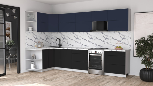 Изображение товара Кухонный гарнитур Интерлиния Мила Матте 1.5x3.4 Б (индиго/черный/белый гранит)