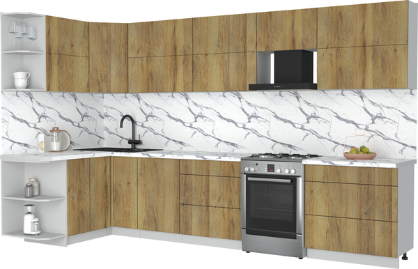 Изображение товара Кухонный гарнитур Интерлиния Мила Матте 1.5x3.5 Б (дуб вотан/дуб вотан/белый гранит)