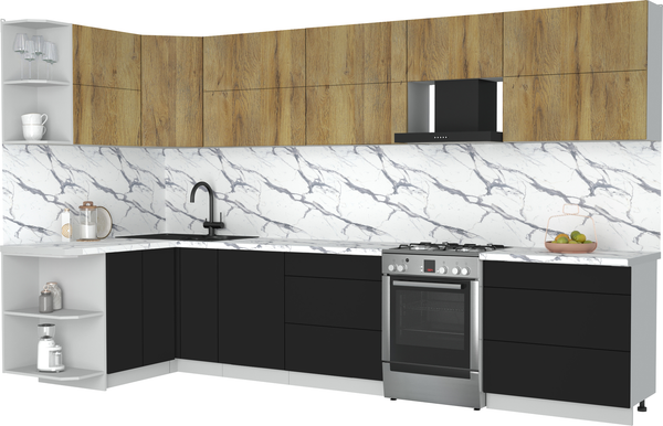 Изображение товара Кухонный гарнитур Интерлиния Мила Матте 1.5x3.5 Б (дуб вотан/черный/белый гранит)