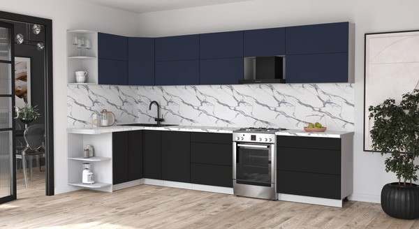 Изображение товара Кухонный гарнитур Интерлиния Мила Матте 1.5x3.5 Б (индиго/черный/белый гранит)