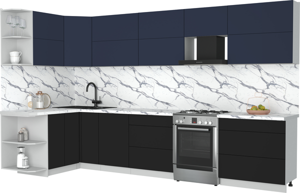Изображение товара Кухонный гарнитур Интерлиния Мила Матте 1.5x3.5 Б (индиго/черный/белый гранит)