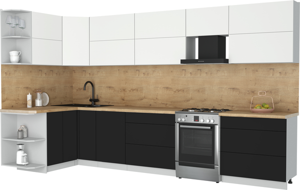 Изображение товара Кухонный гарнитур Интерлиния Мила Матте 1.5x3.6 Б (белый/черный/дуб бунратти)