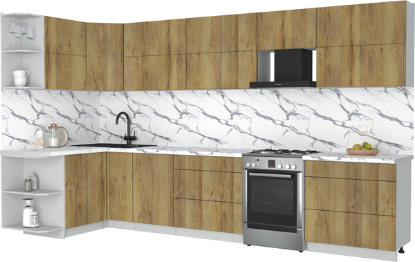 Изображение товара Кухонный гарнитур Интерлиния Мила Матте 1.5x3.6 Б (дуб вотан/дуб вотан/белый гранит)