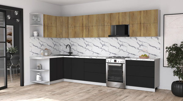 Изображение товара Кухонный гарнитур Интерлиния Мила Матте 1.5x3.6 Б (дуб вотан/черный/белый гранит)
