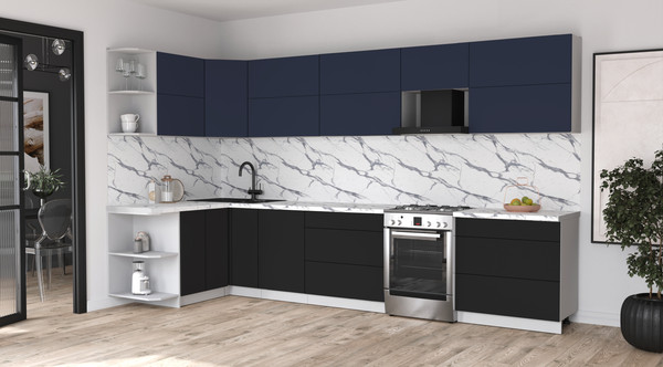 Изображение товара Кухонный гарнитур Интерлиния Мила Матте 1.5x3.6 Б (индиго/черный/белый гранит)